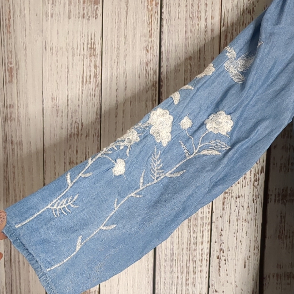 Philosophy Tencel Chambray Drop Waist Dress W/ Long Sleeves, Floral Embroidery - Picture 4 of 13